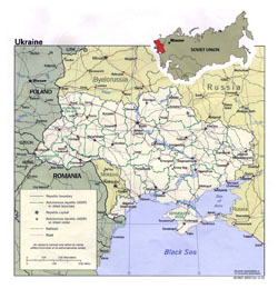Детальная политическая и административная карта Украины на английском языке 1991-го года.