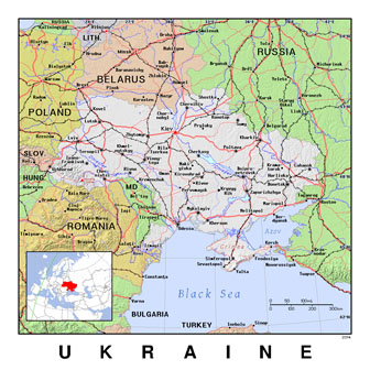Детальная политическая карта Украины с рельефом на английском языке.