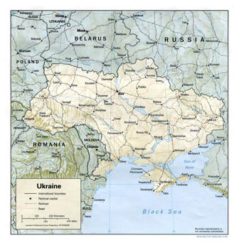 Подробная политическая карта Украины с рельефом, дорогами, железными дорогами и крупными городами на английском языке - 1993.