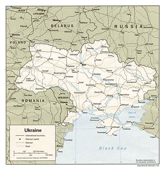 Подробная политическая карта Украины с автодорогами, железными дорогами и крупными городами на английском (1993).