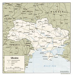 Подробная политическая карта Украины с автодорогами, железными дорогами и крупными городами на английском (1993).
