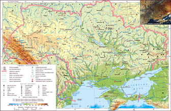 Большая подробная физическая карта Украины с разными метками.