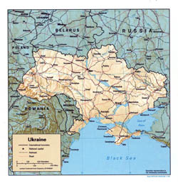 Большая подробная политическая карта Украины с рельефом, дорогами, железными дорогами и крупными городами на английском (1993).