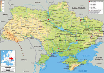 Большая физическая карта Украины с дорогами, городами и аэропортами на английском языке.