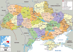 Большая политико-административная карта Украины с дорогами, городами и аэропортами на английском языке.