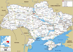 Большая карта автодорог Украины с городами и аэропортами на английском языке.