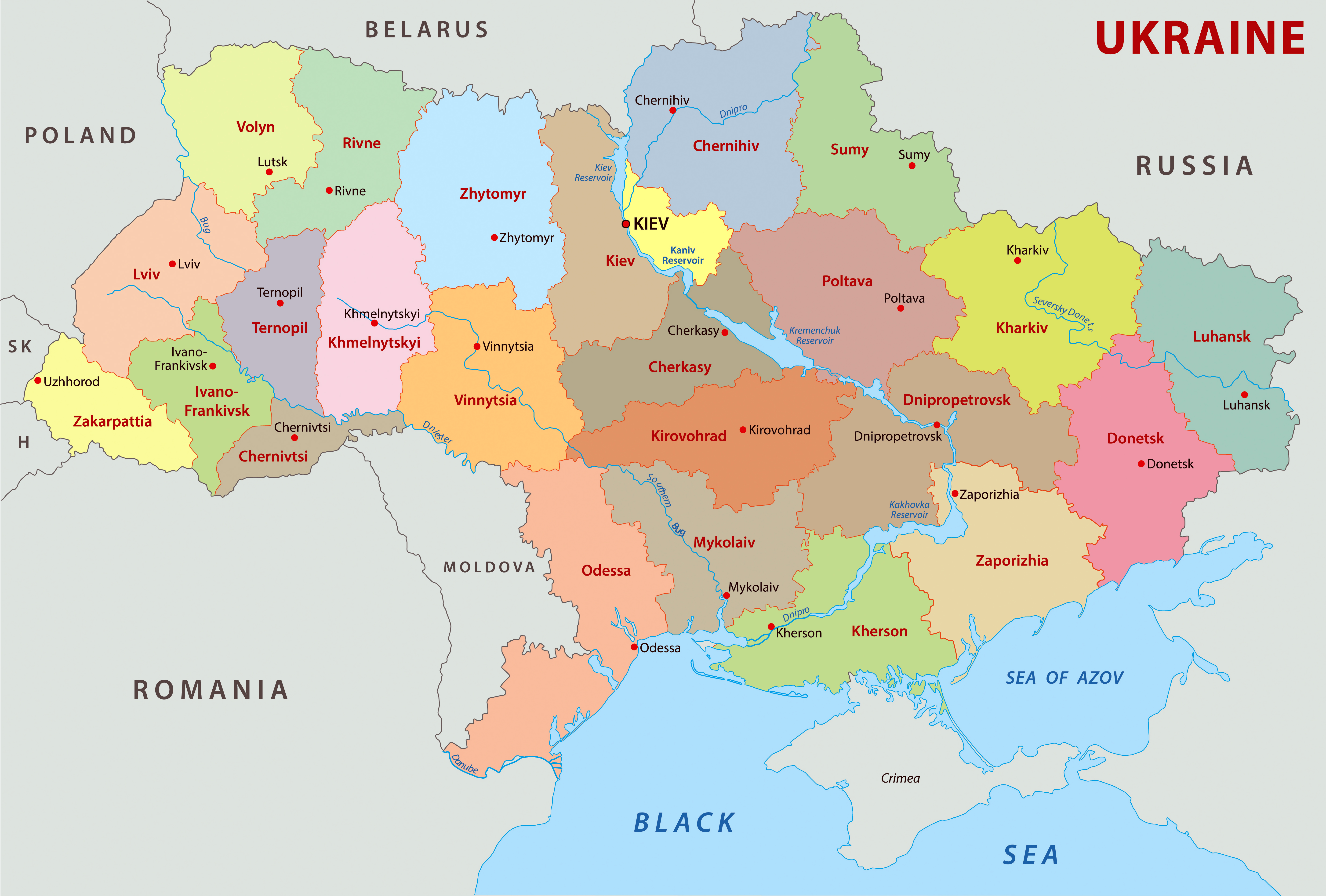 В высоком разрешении политическая и административная карта Украины наанглийском языке