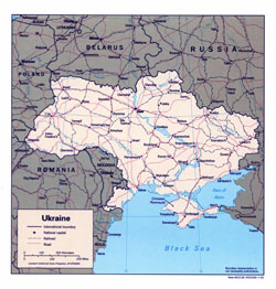 В высоком разрешении политическая карта Украины с автодорогами, железными дорогами и крупными городами на английском языке - 1993-го года.