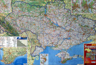 В высоком разрешении карта автомобильных дорог и магистралей Украины с административным делением, всеми городами, селами и прочими отметками.